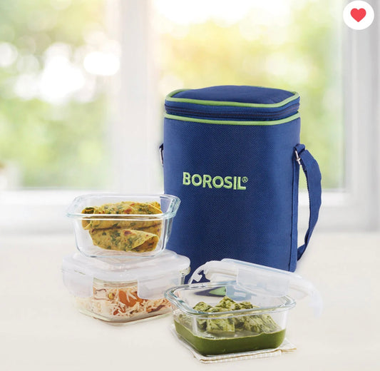 Borosil Blue Glass Lunchbox, Square x 3