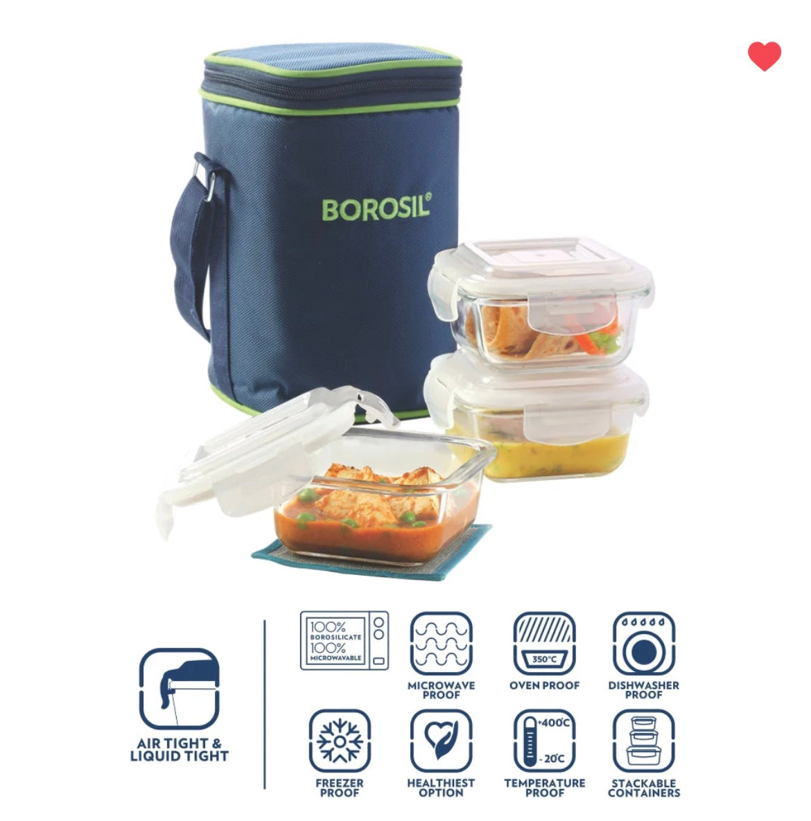 Borosil Blue Glass Lunchbox, Square x 3